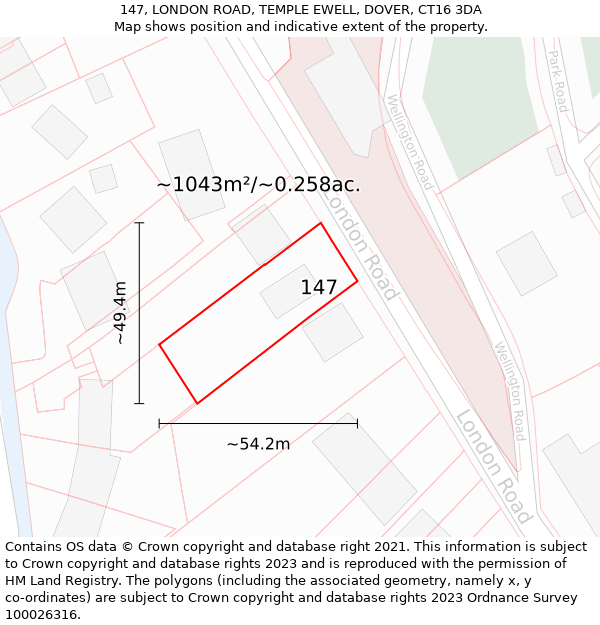 147, LONDON ROAD, TEMPLE EWELL, DOVER, CT16 3DA: Plot and title map