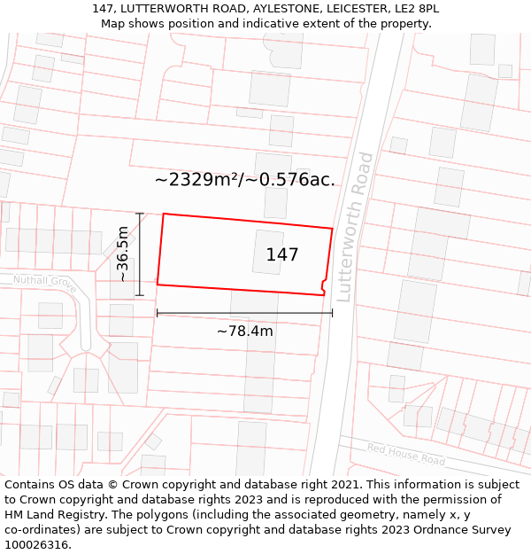 147, LUTTERWORTH ROAD, AYLESTONE, LEICESTER, LE2 8PL: Plot and title map