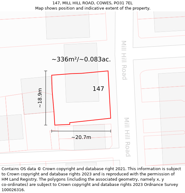 147, MILL HILL ROAD, COWES, PO31 7EL: Plot and title map