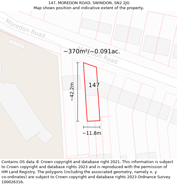 147, MOREDON ROAD, SWINDON, SN2 2JG: Plot and title map