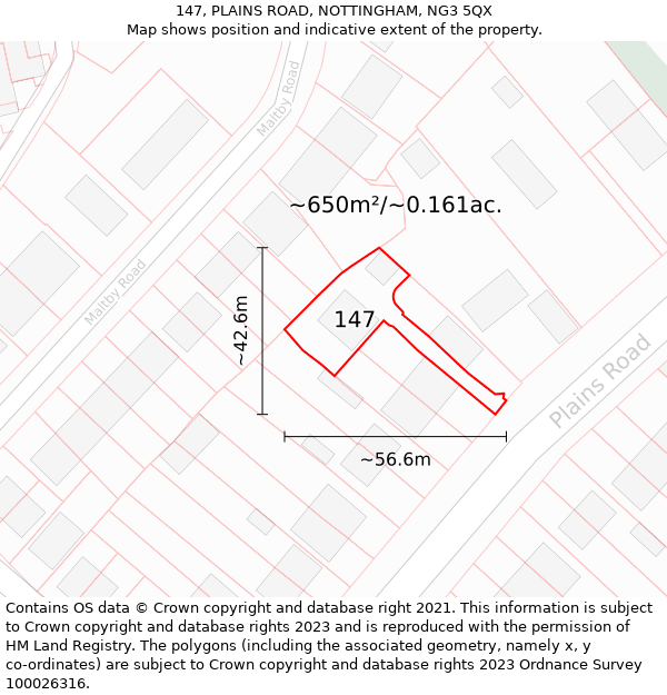 147, PLAINS ROAD, NOTTINGHAM, NG3 5QX: Plot and title map