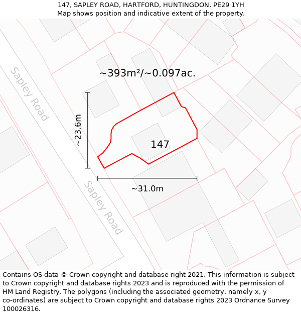 147, SAPLEY ROAD, HARTFORD, HUNTINGDON, PE29 1YH: Plot and title map