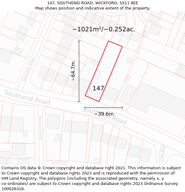 147, SOUTHEND ROAD, WICKFORD, SS11 8EE: Plot and title map