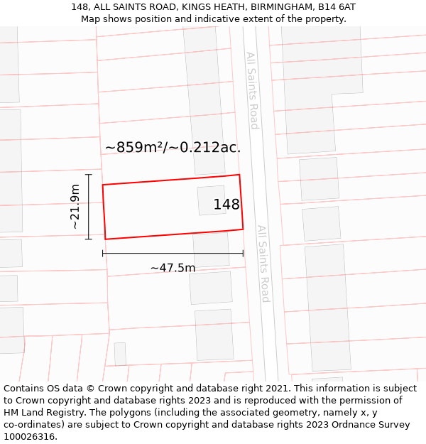 148, ALL SAINTS ROAD, KINGS HEATH, BIRMINGHAM, B14 6AT: Plot and title map