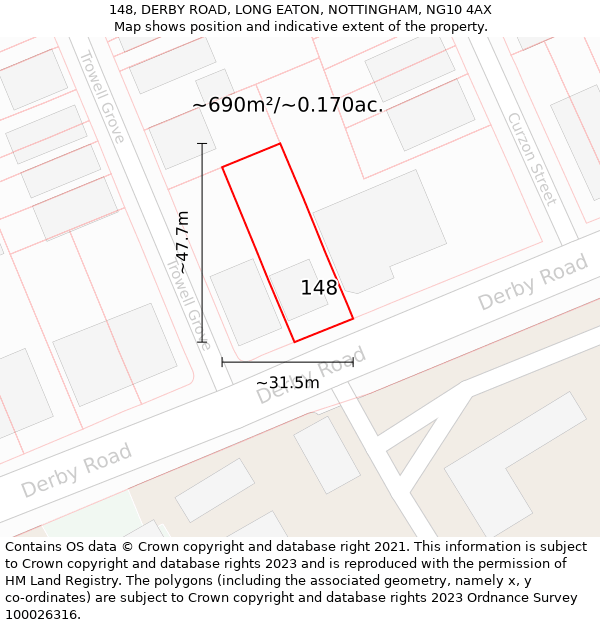 148, DERBY ROAD, LONG EATON, NOTTINGHAM, NG10 4AX: Plot and title map