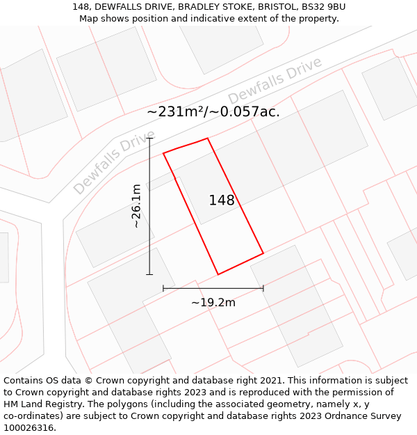 148, DEWFALLS DRIVE, BRADLEY STOKE, BRISTOL, BS32 9BU: Plot and title map