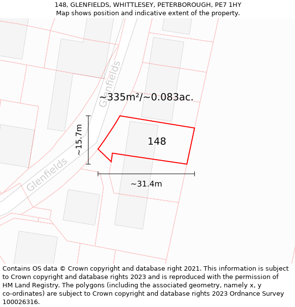 148, GLENFIELDS, WHITTLESEY, PETERBOROUGH, PE7 1HY: Plot and title map