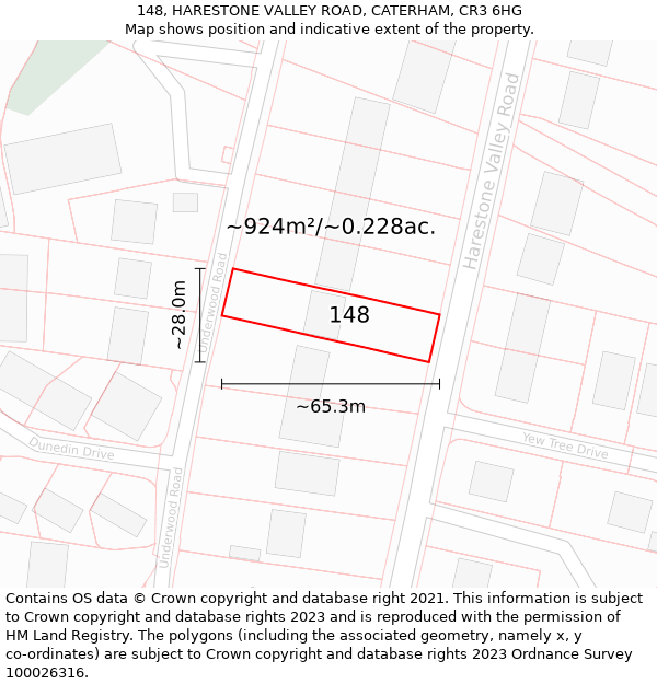 148, HARESTONE VALLEY ROAD, CATERHAM, CR3 6HG: Plot and title map