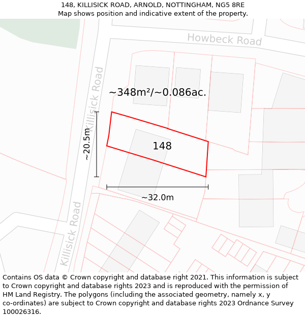 148, KILLISICK ROAD, ARNOLD, NOTTINGHAM, NG5 8RE: Plot and title map