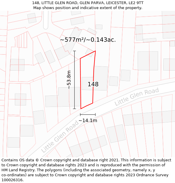 148, LITTLE GLEN ROAD, GLEN PARVA, LEICESTER, LE2 9TT: Plot and title map