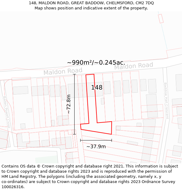 148, MALDON ROAD, GREAT BADDOW, CHELMSFORD, CM2 7DQ: Plot and title map