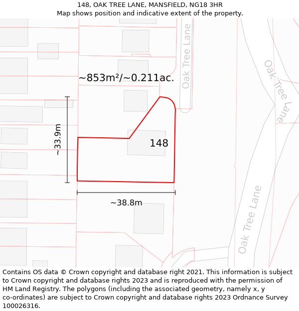 148, OAK TREE LANE, MANSFIELD, NG18 3HR: Plot and title map