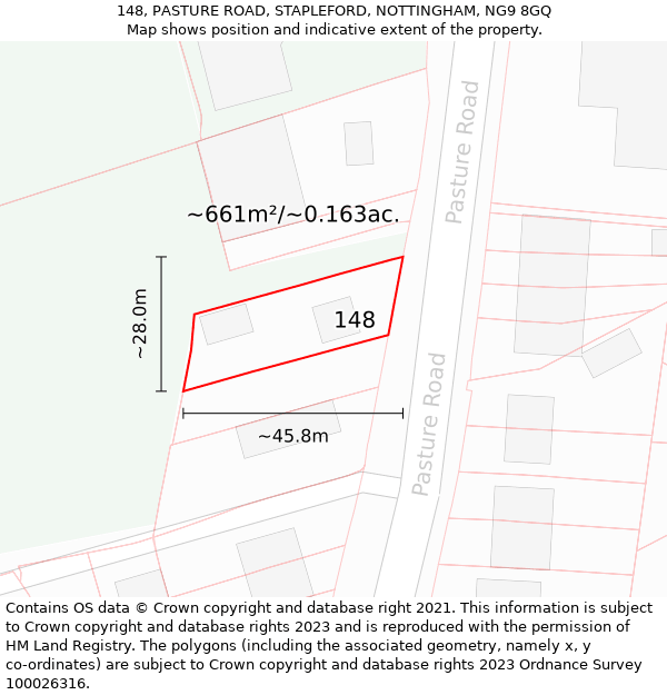 148, PASTURE ROAD, STAPLEFORD, NOTTINGHAM, NG9 8GQ: Plot and title map