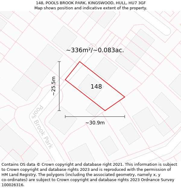 148, POOLS BROOK PARK, KINGSWOOD, HULL, HU7 3GF: Plot and title map