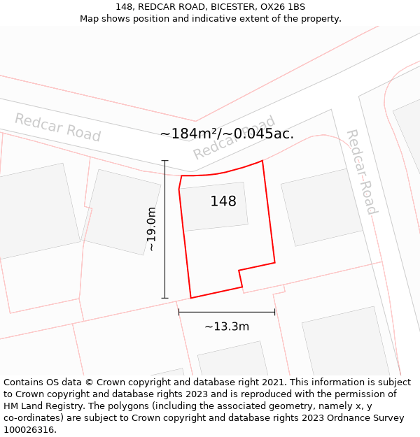 148, REDCAR ROAD, BICESTER, OX26 1BS: Plot and title map