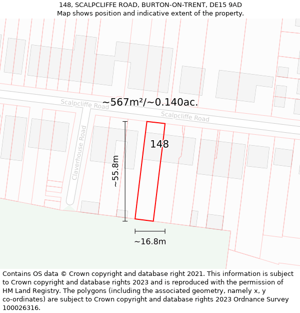 148, SCALPCLIFFE ROAD, BURTON-ON-TRENT, DE15 9AD: Plot and title map