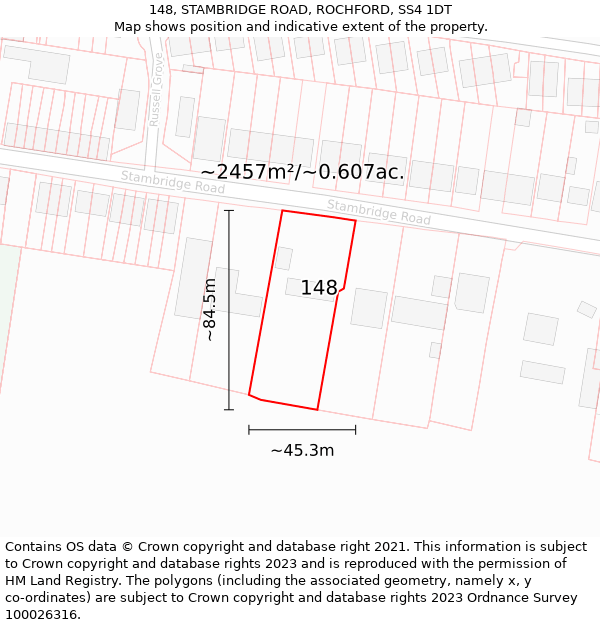 148, STAMBRIDGE ROAD, ROCHFORD, SS4 1DT: Plot and title map