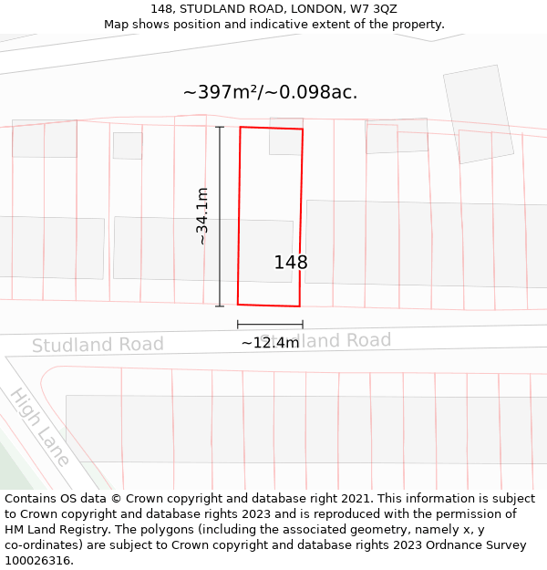 148, STUDLAND ROAD, LONDON, W7 3QZ: Plot and title map