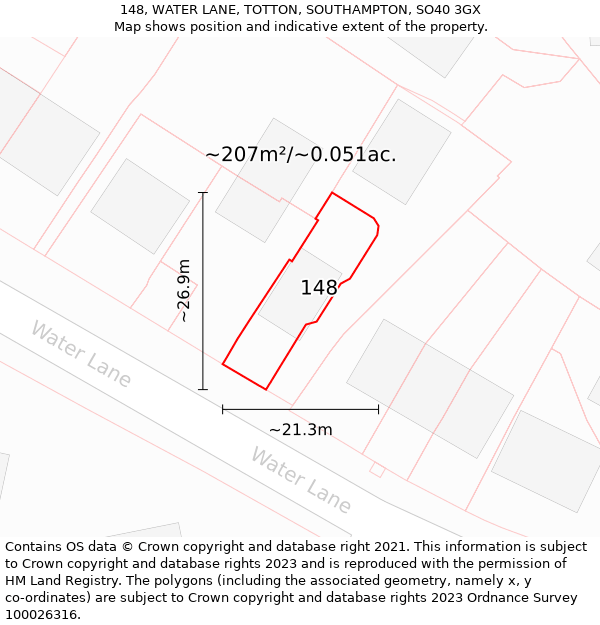 148, WATER LANE, TOTTON, SOUTHAMPTON, SO40 3GX: Plot and title map