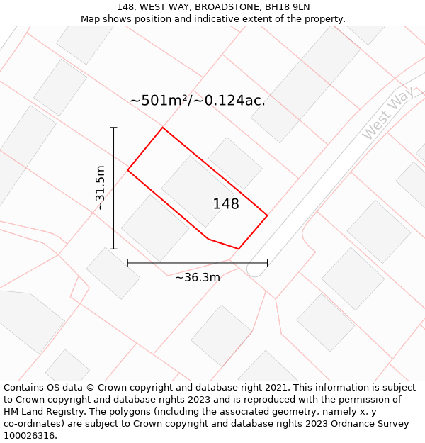 148, WEST WAY, BROADSTONE, BH18 9LN: Plot and title map