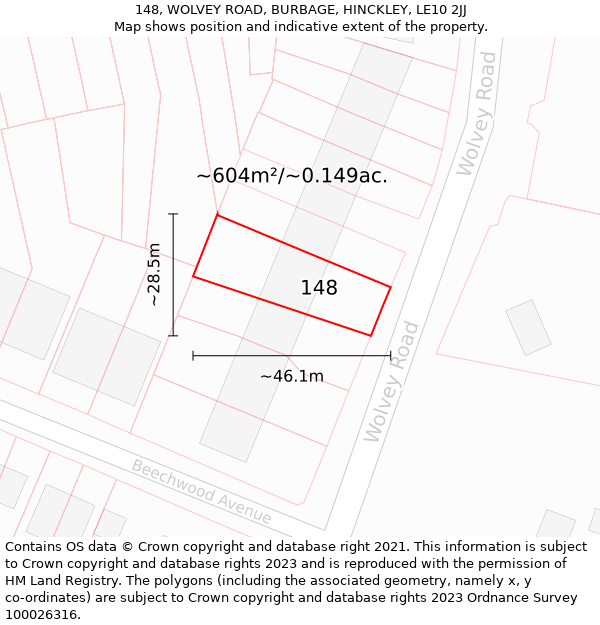 148, WOLVEY ROAD, BURBAGE, HINCKLEY, LE10 2JJ: Plot and title map