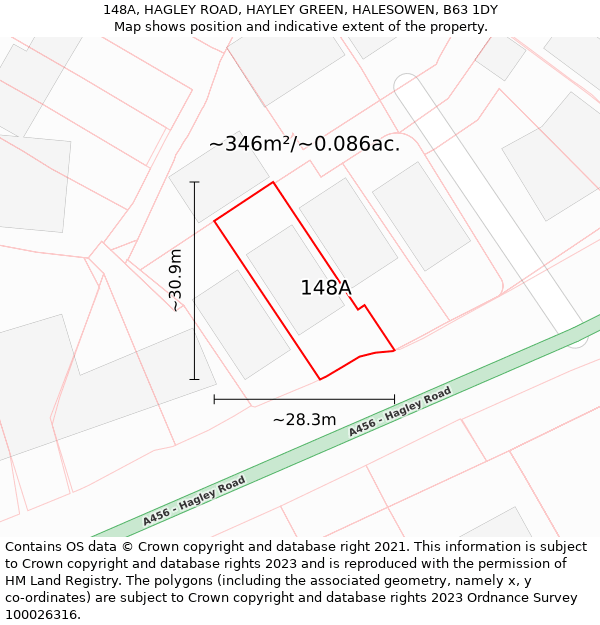 148A, HAGLEY ROAD, HAYLEY GREEN, HALESOWEN, B63 1DY: Plot and title map