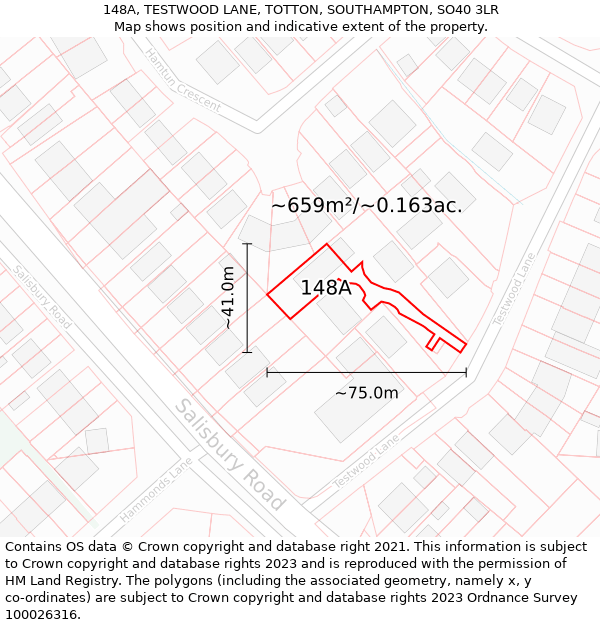 148A, TESTWOOD LANE, TOTTON, SOUTHAMPTON, SO40 3LR: Plot and title map