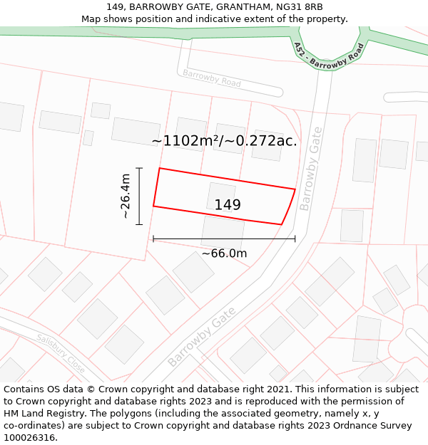 149, BARROWBY GATE, GRANTHAM, NG31 8RB: Plot and title map