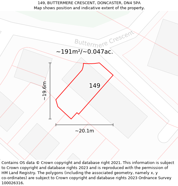 149, BUTTERMERE CRESCENT, DONCASTER, DN4 5PA: Plot and title map