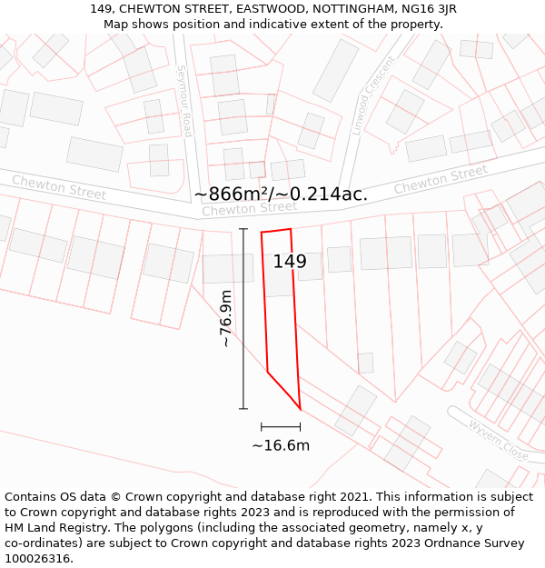 149, CHEWTON STREET, EASTWOOD, NOTTINGHAM, NG16 3JR: Plot and title map