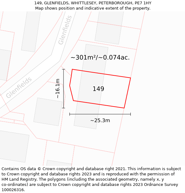 149, GLENFIELDS, WHITTLESEY, PETERBOROUGH, PE7 1HY: Plot and title map