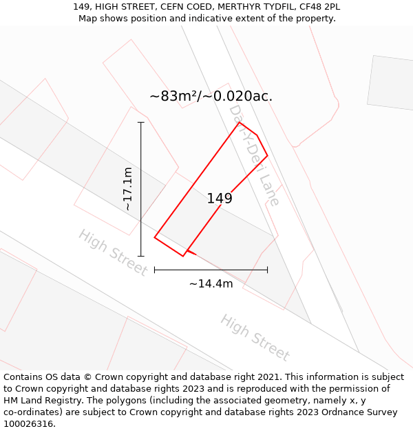 149, HIGH STREET, CEFN COED, MERTHYR TYDFIL, CF48 2PL: Plot and title map