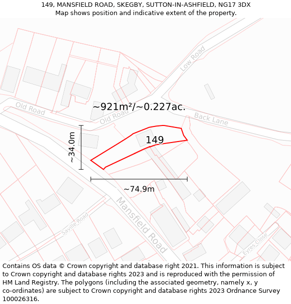 149, MANSFIELD ROAD, SKEGBY, SUTTON-IN-ASHFIELD, NG17 3DX: Plot and title map