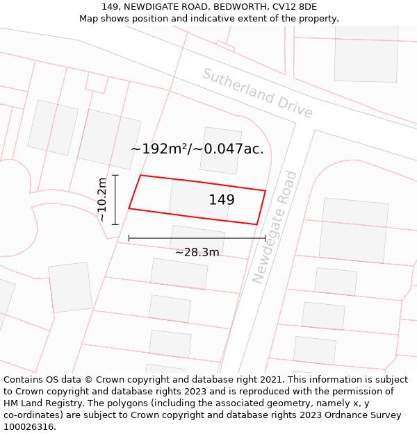 149, NEWDIGATE ROAD, BEDWORTH, CV12 8DE: Plot and title map