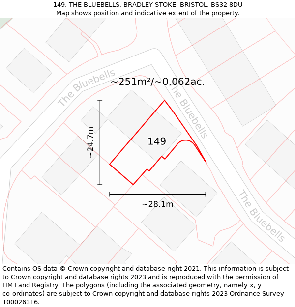 149, THE BLUEBELLS, BRADLEY STOKE, BRISTOL, BS32 8DU: Plot and title map