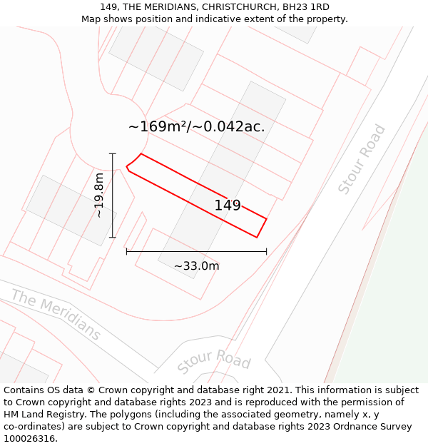 149, THE MERIDIANS, CHRISTCHURCH, BH23 1RD: Plot and title map