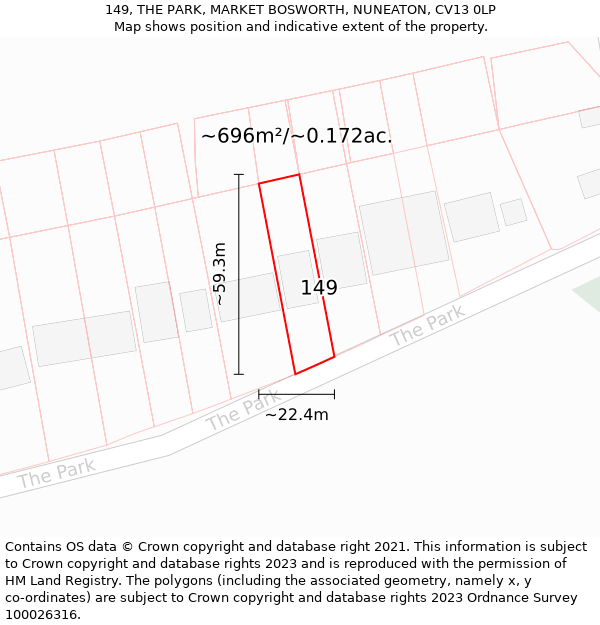 149, THE PARK, MARKET BOSWORTH, NUNEATON, CV13 0LP: Plot and title map