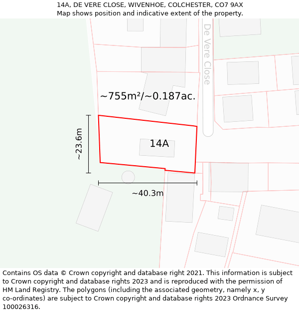 14A, DE VERE CLOSE, WIVENHOE, COLCHESTER, CO7 9AX: Plot and title map