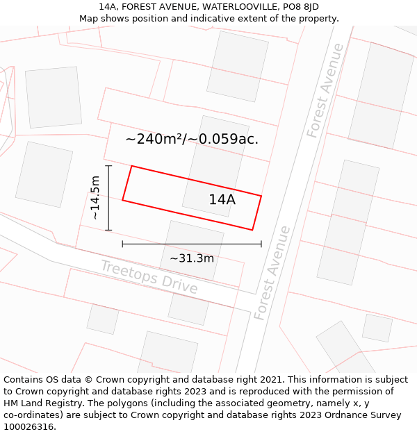 14A, FOREST AVENUE, WATERLOOVILLE, PO8 8JD: Plot and title map