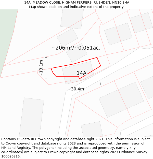 14A, MEADOW CLOSE, HIGHAM FERRERS, RUSHDEN, NN10 8HA: Plot and title map