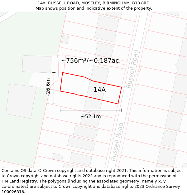 14A, RUSSELL ROAD, MOSELEY, BIRMINGHAM, B13 8RD: Plot and title map