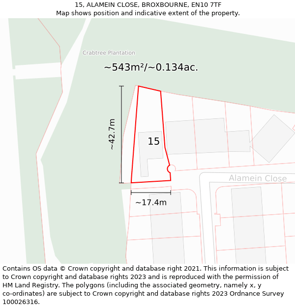 15, ALAMEIN CLOSE, BROXBOURNE, EN10 7TF: Plot and title map