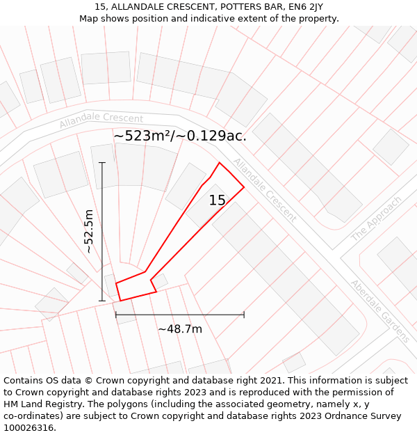 15, ALLANDALE CRESCENT, POTTERS BAR, EN6 2JY: Plot and title map