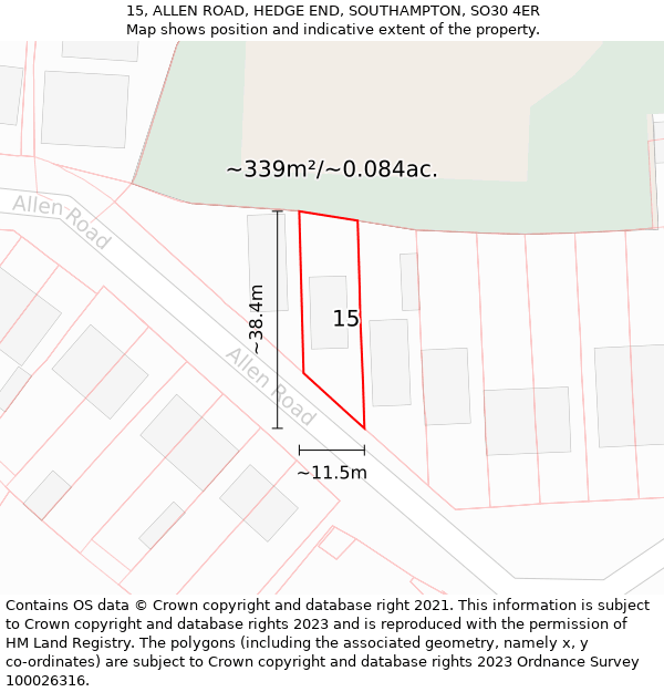 15, ALLEN ROAD, HEDGE END, SOUTHAMPTON, SO30 4ER: Plot and title map