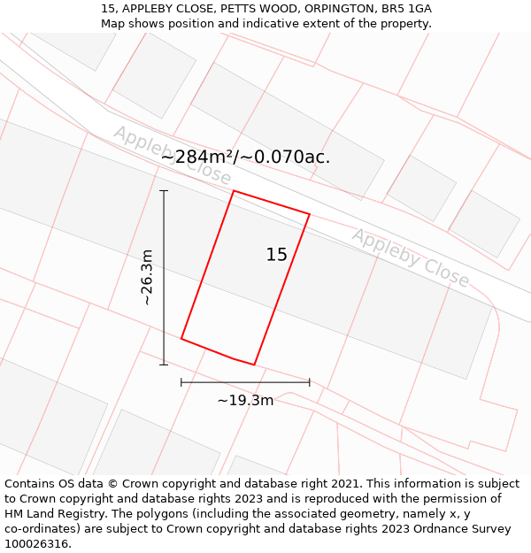 15, APPLEBY CLOSE, PETTS WOOD, ORPINGTON, BR5 1GA: Plot and title map