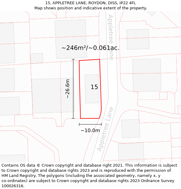 15, APPLETREE LANE, ROYDON, DISS, IP22 4FL: Plot and title map