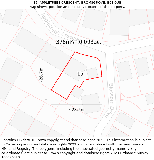 15, APPLETREES CRESCENT, BROMSGROVE, B61 0UB: Plot and title map