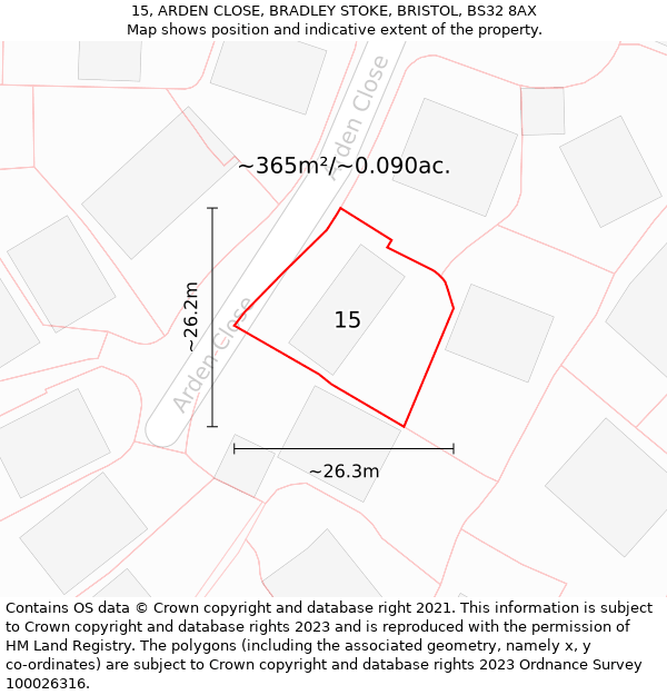 15, ARDEN CLOSE, BRADLEY STOKE, BRISTOL, BS32 8AX: Plot and title map
