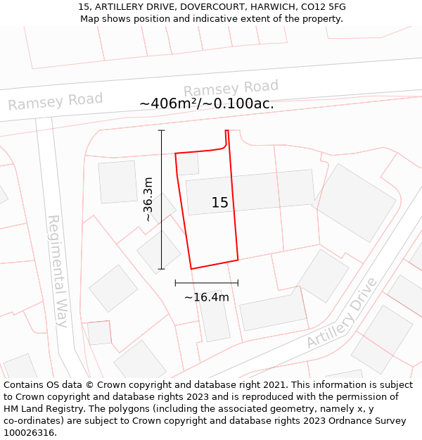 15, ARTILLERY DRIVE, DOVERCOURT, HARWICH, CO12 5FG: Plot and title map