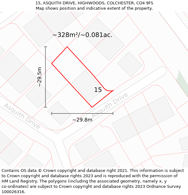 15, ASQUITH DRIVE, HIGHWOODS, COLCHESTER, CO4 9FS: Plot and title map